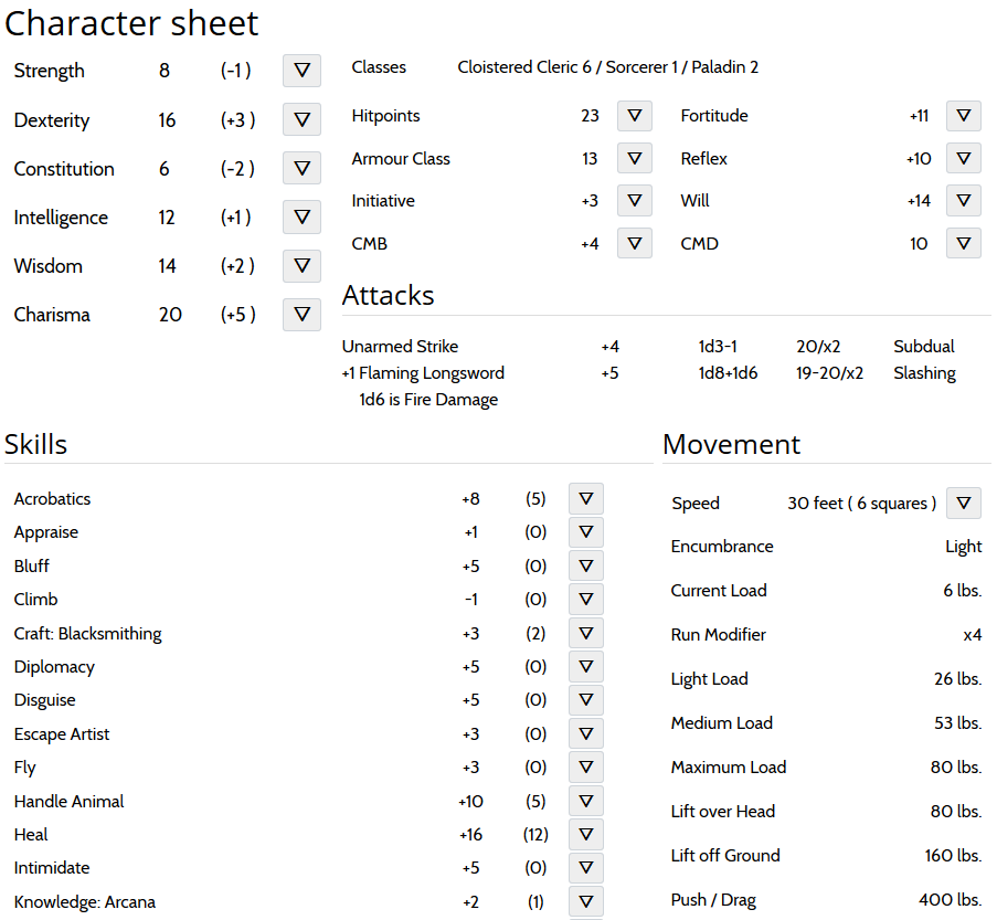 Screenshot of Pathfinder sheet