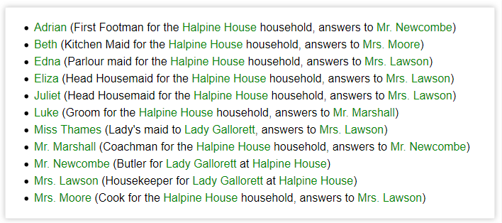 List of all servants in Halpine House