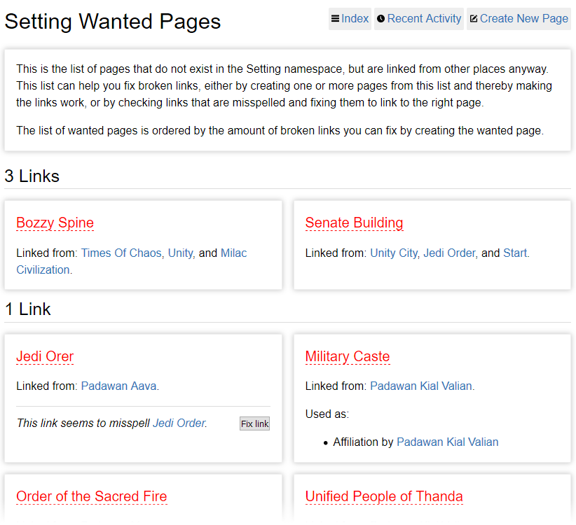 Screenshot of wanted pages