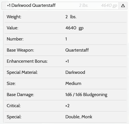 View of a +1 Darkwood Quarterstaff on the Character Sheet